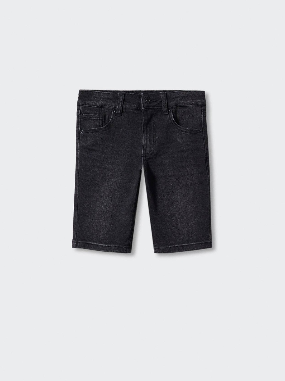 Mango Kids Boys Mid-Rise Straight Fit Stretchable Denim Shorts, Charcoal