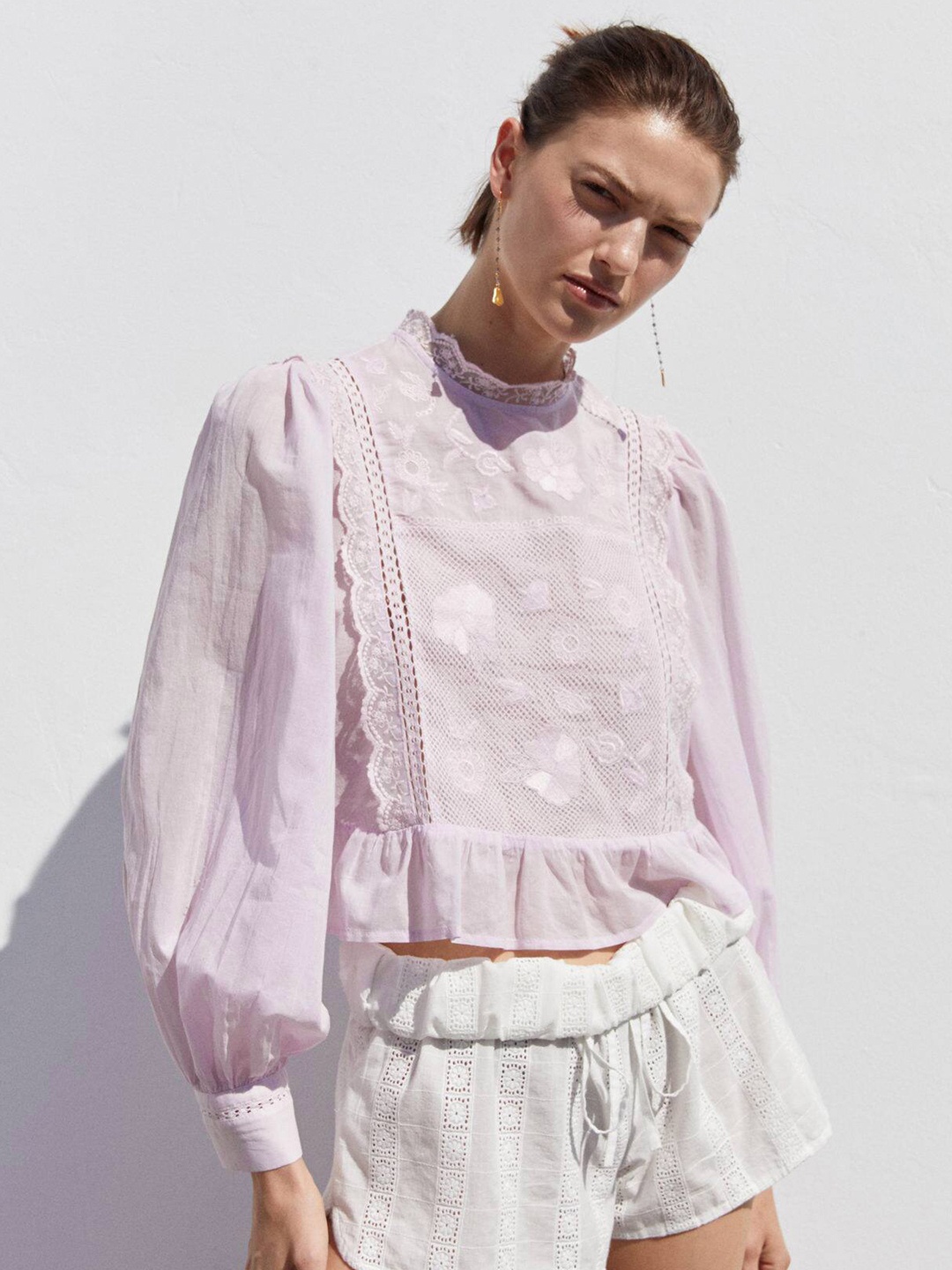 

MANGO Floral Embroidered Ruffles Cotton Top, Lavender