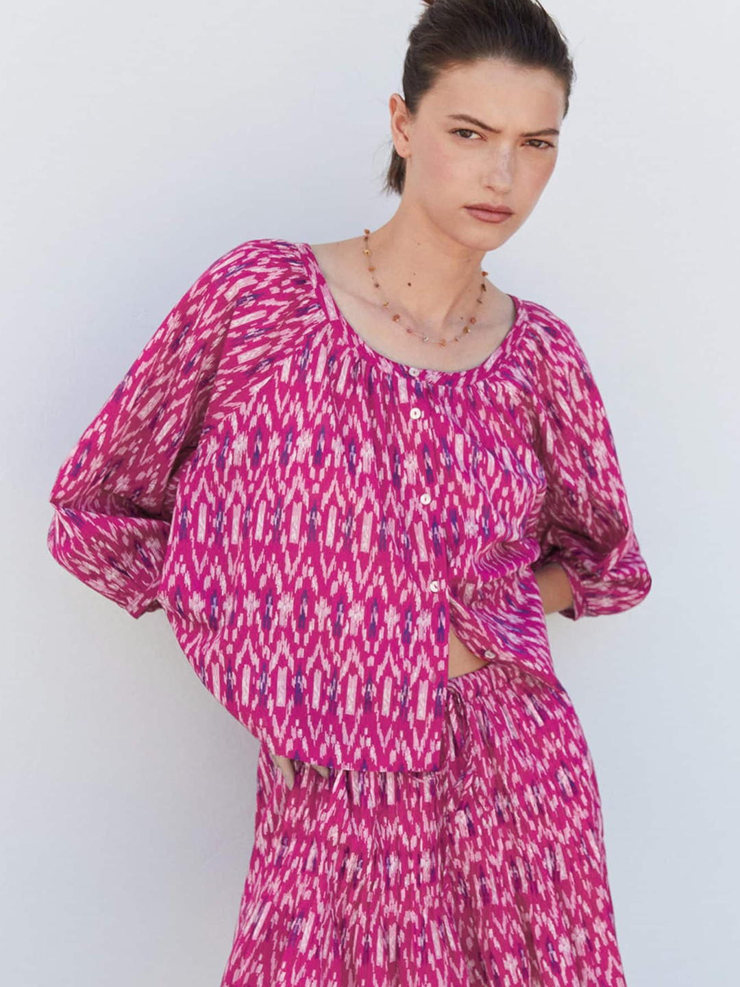 

MANGO Puff Sleeve Ethnic Print Cotton Top, Pink