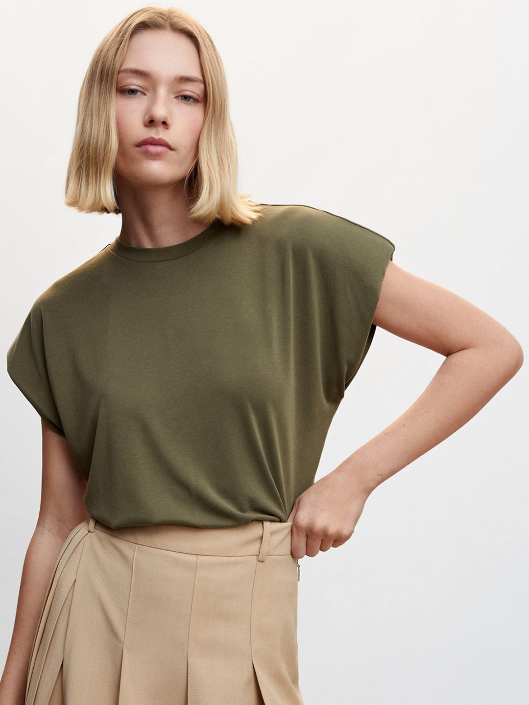 

MANGO Extended Sleeves Round Neck T-shirt, Olive