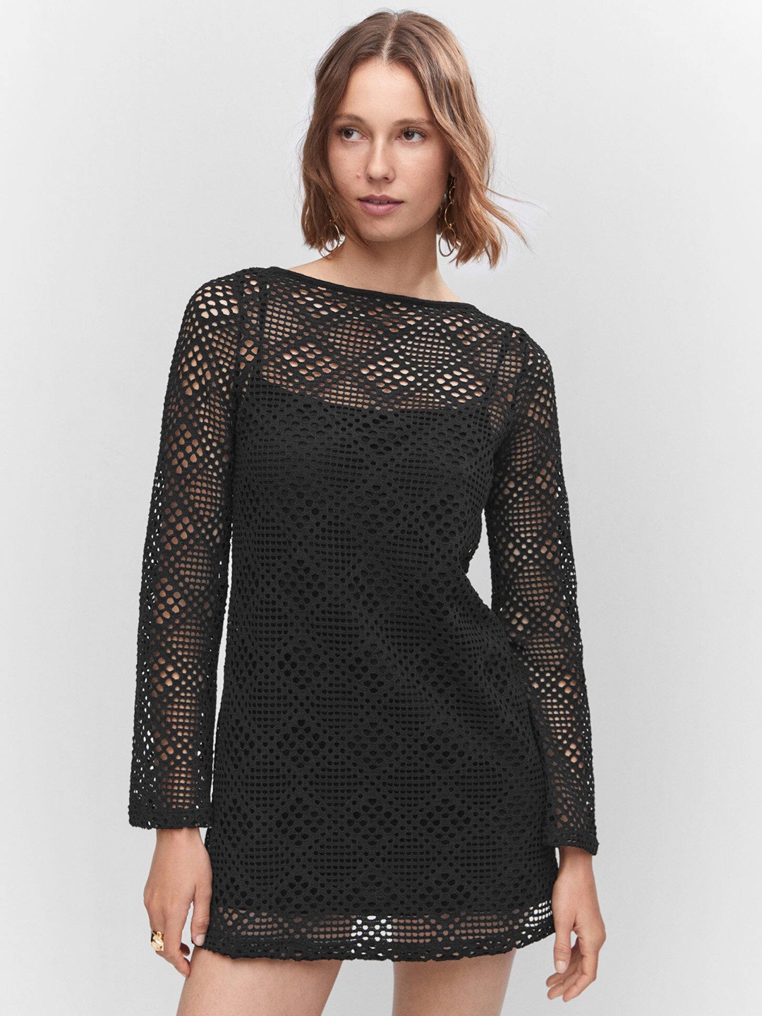 

MANGO Open Knit Sheath Mini Dress, Black