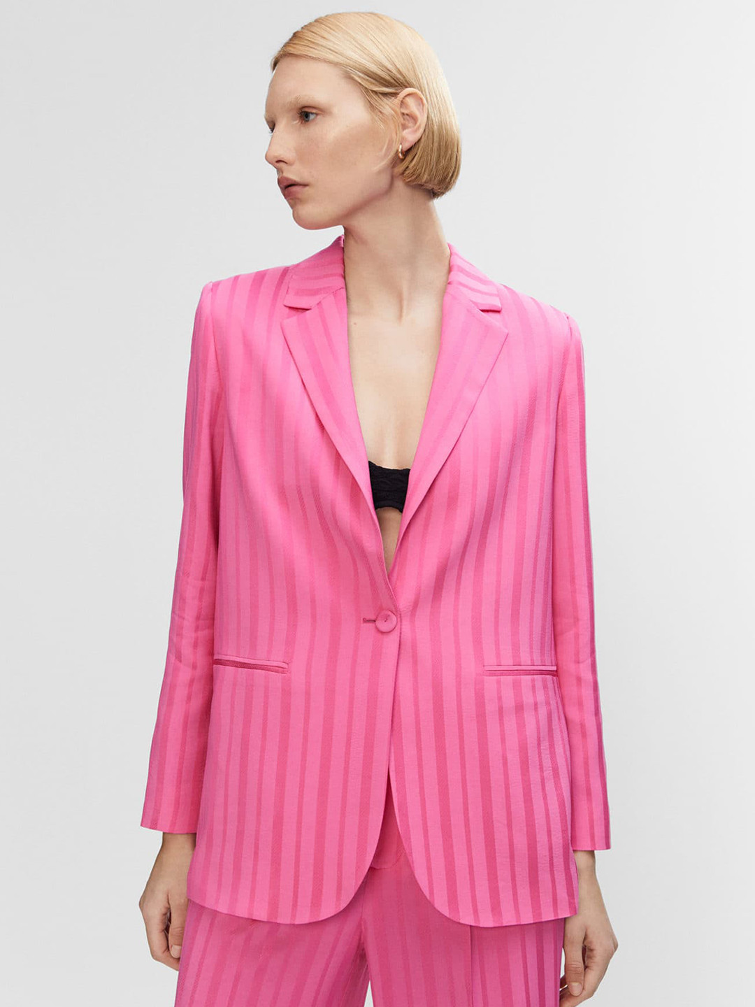 

MANGO Self-Striped Single-Breasted Casual Blazer, Pink