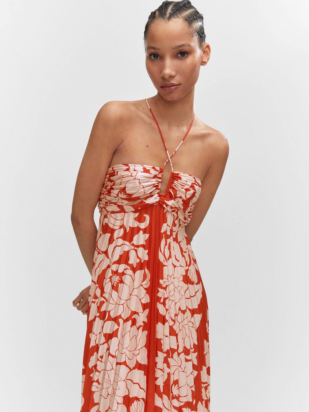 

MANGO Accordion Pleated Ethnic Motifs Print Halter Neck Maxi Dress, Rust
