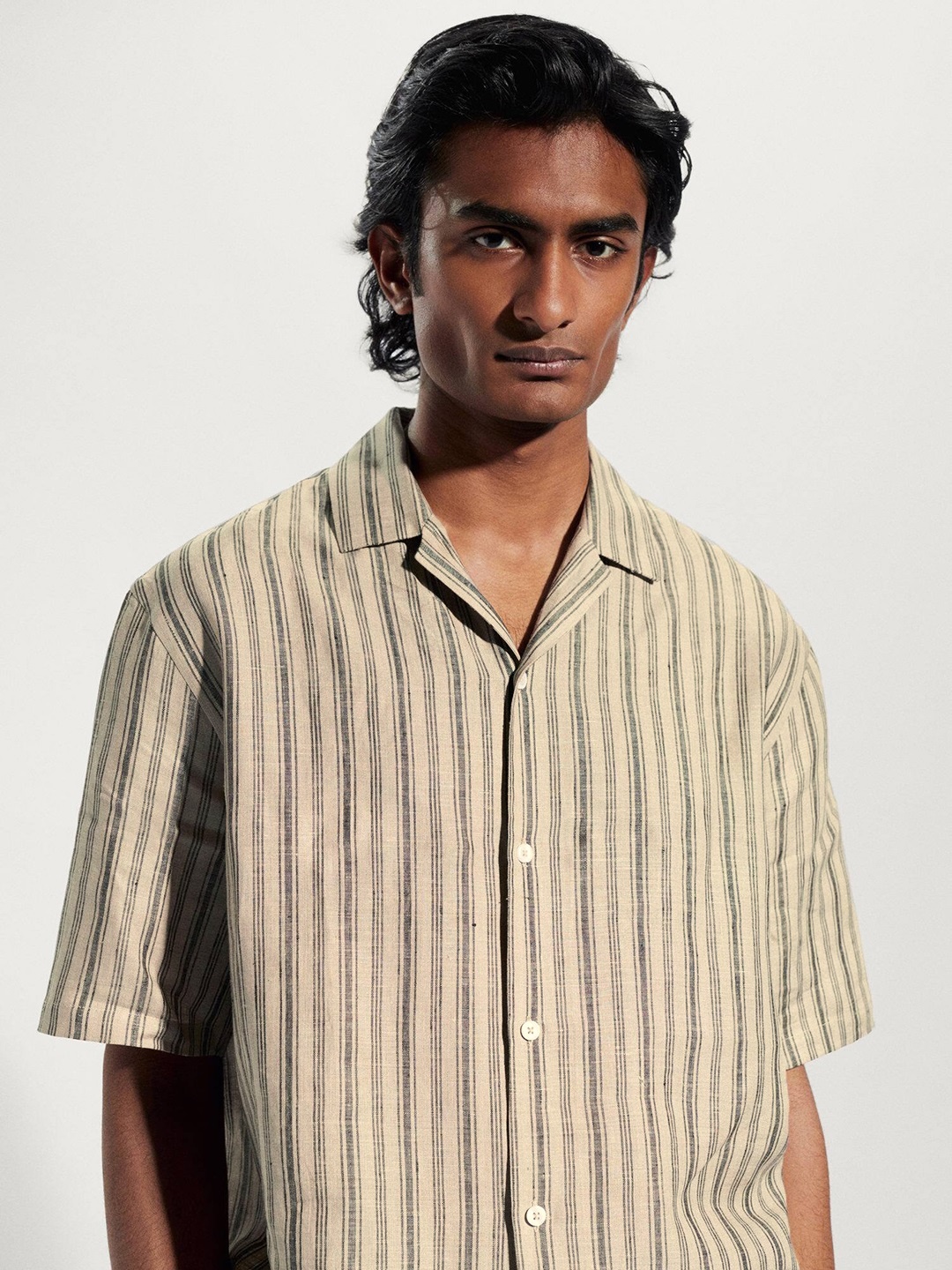 

MANGO MAN Linen Cotton Opaque Striped Casual Shirt, Brown