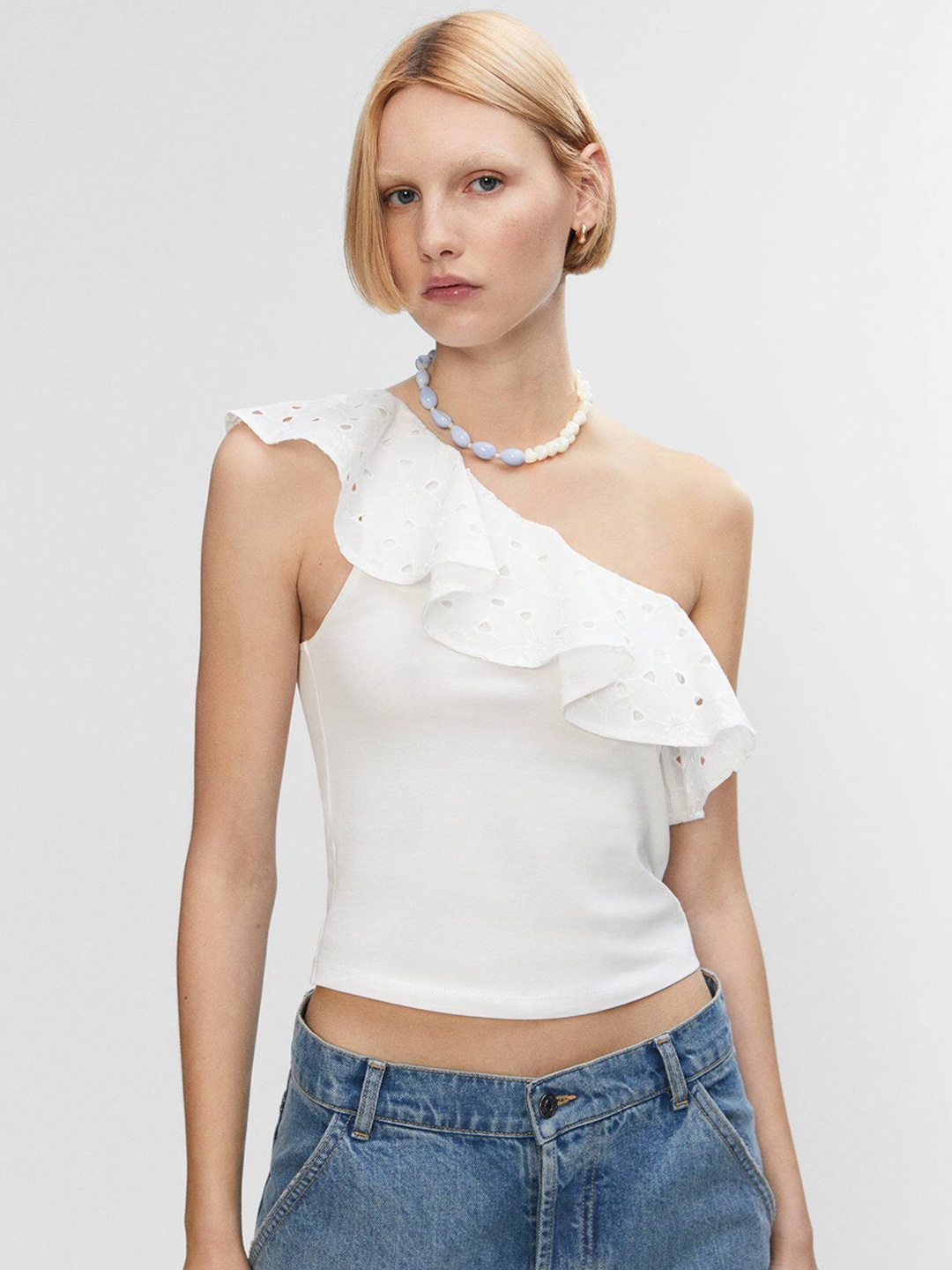 

MANGO One Shoulder Schiffli Detail Pure Cotton Top, White