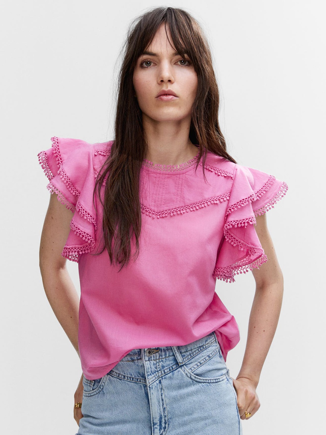 

MANGO Ruffles Pure Cotton Top, Pink