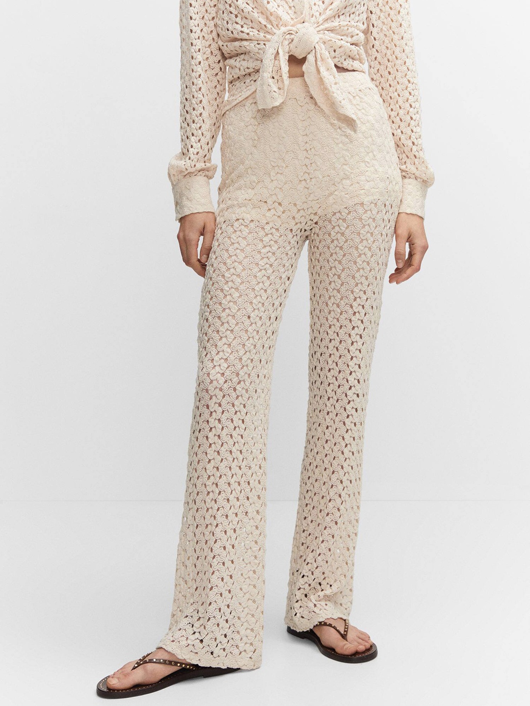

MANGO Women Crochet Trousers, Beige