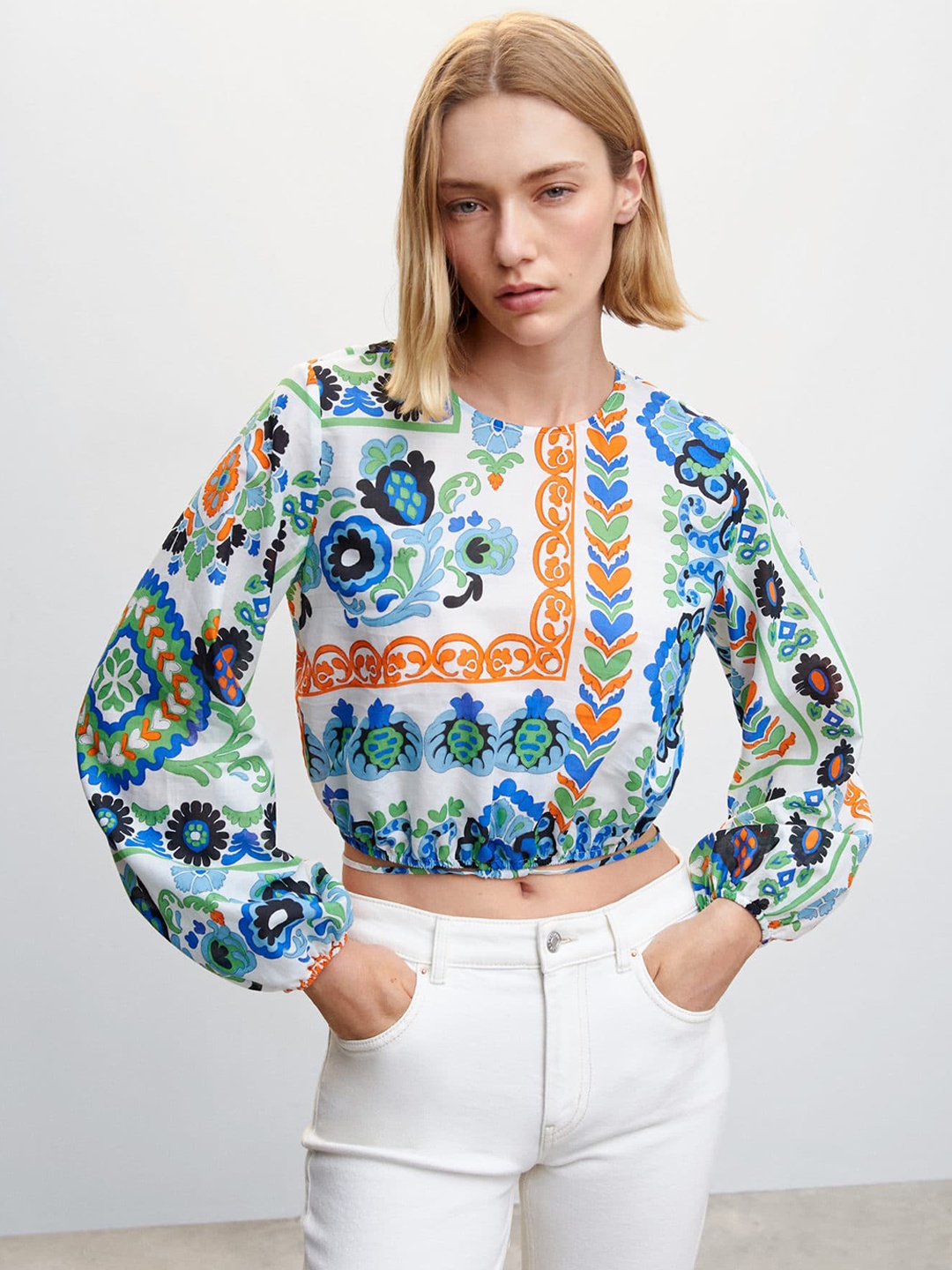 

MANGO Puff Sleeves Ethnic Print Cotton Blouson Crop Top, White