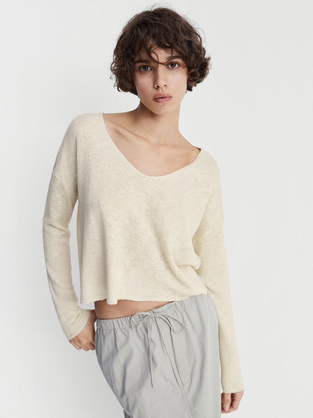 

MANGO V-Neck Drop-Shoulder Sleeve Pullover, Beige