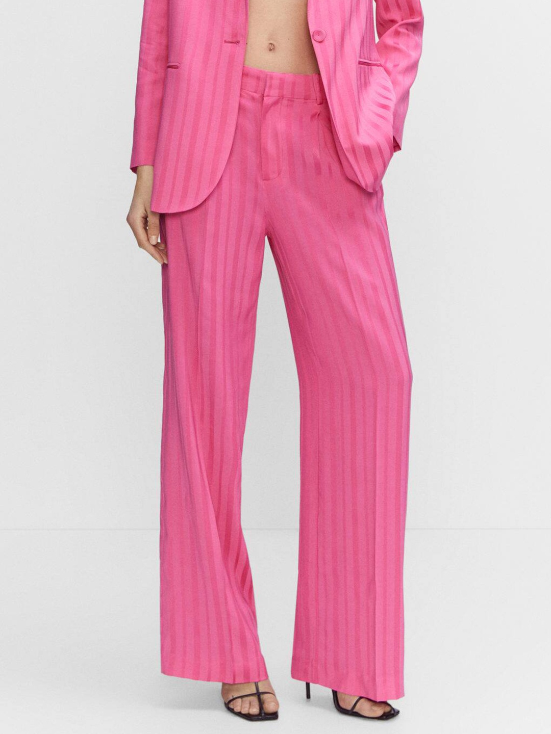 

MANGO Women Striped Pleated Trousers, Pink