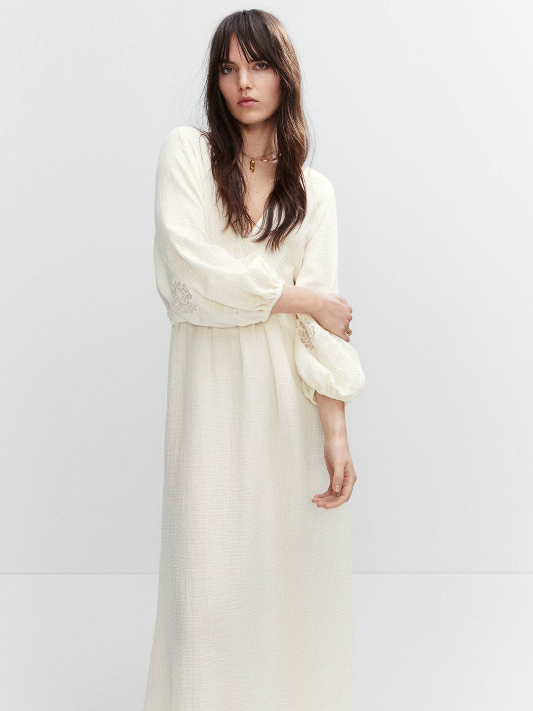 

MANGO Embroidered Open Back Puff Sleeve Maxi Dress, Off white