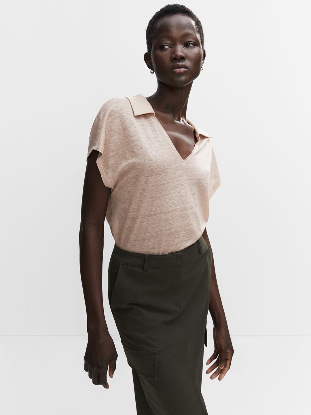 

MANGO Pure Linen Polo Collar Extended Sleeves T-shirt, Beige