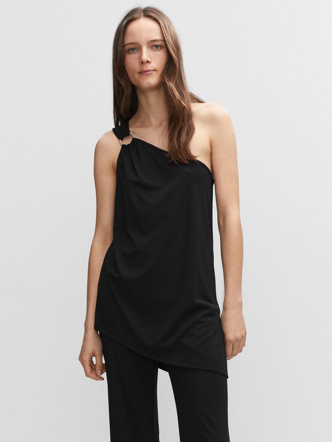 

MANGO High-Low Hem One Shoulder Longline Top, Black