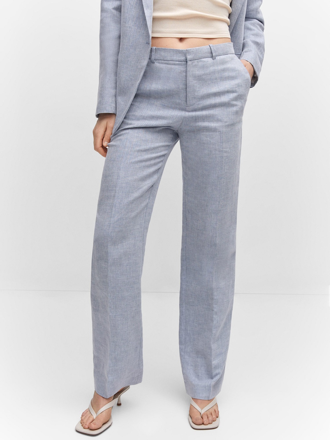 

MANGO Women Linen Cotton High-Rise Formal Trousers, Grey