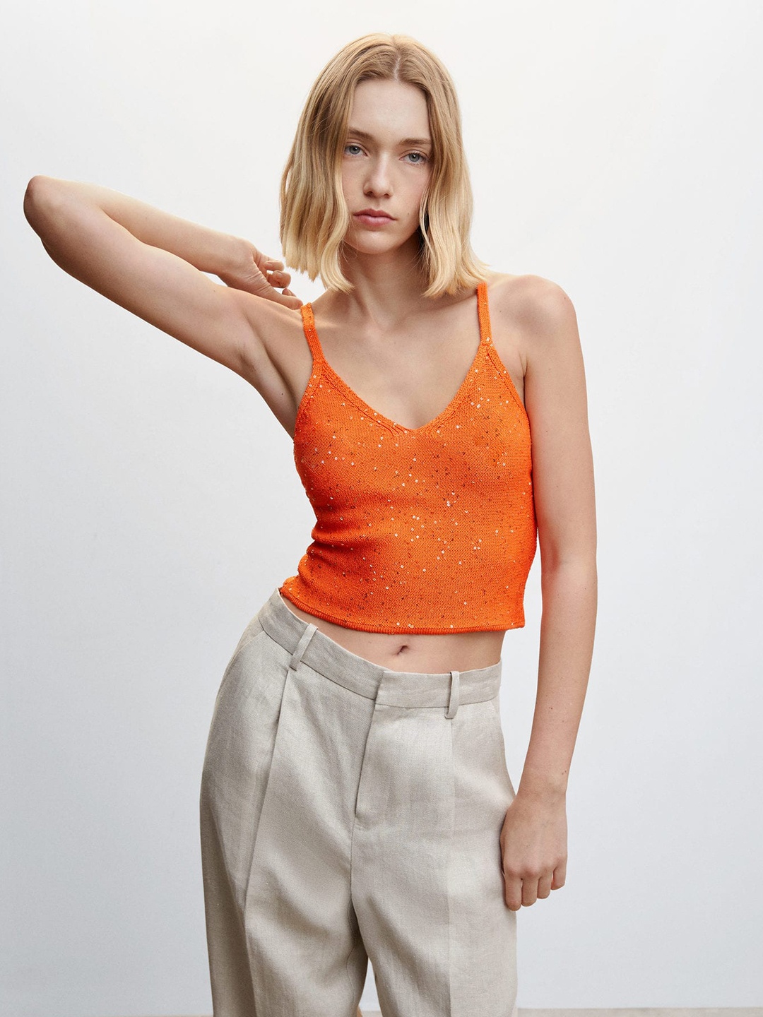 

MANGO Shoulder Straps Sequin Detail Knitted Top, Orange