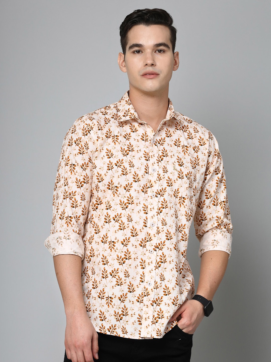 

VALBONE Spread Collar Long Sleeves Comfort Floral Printed Casual Cotton Shirt, Brown