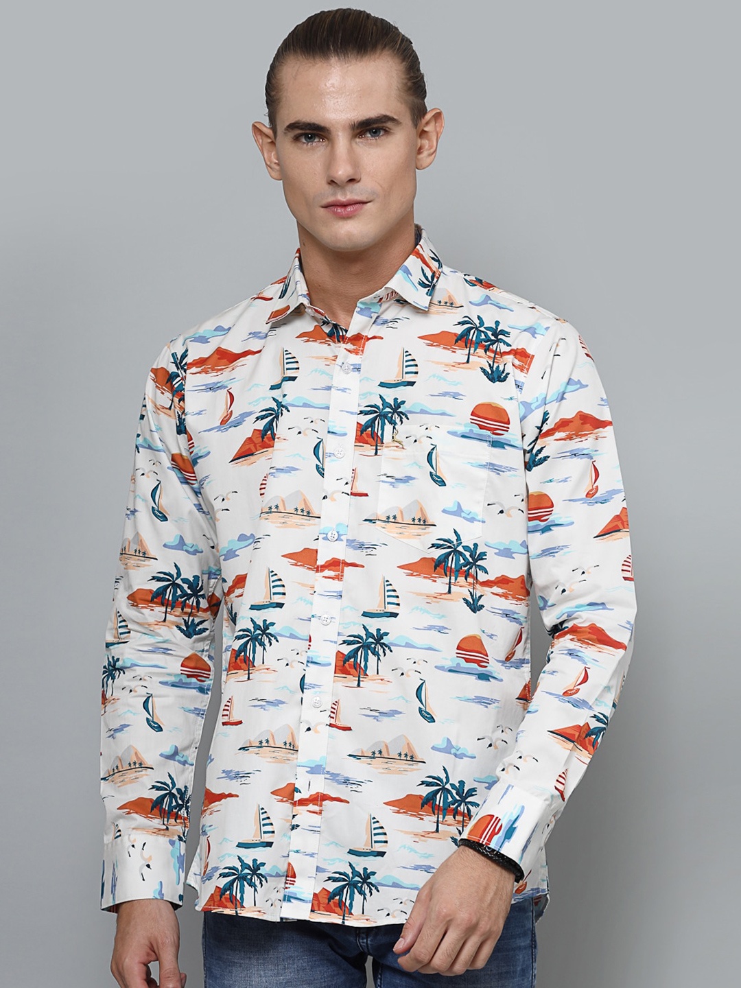 

VALBONE Comfort Tropical Printed Cotton Casual Shirt, White