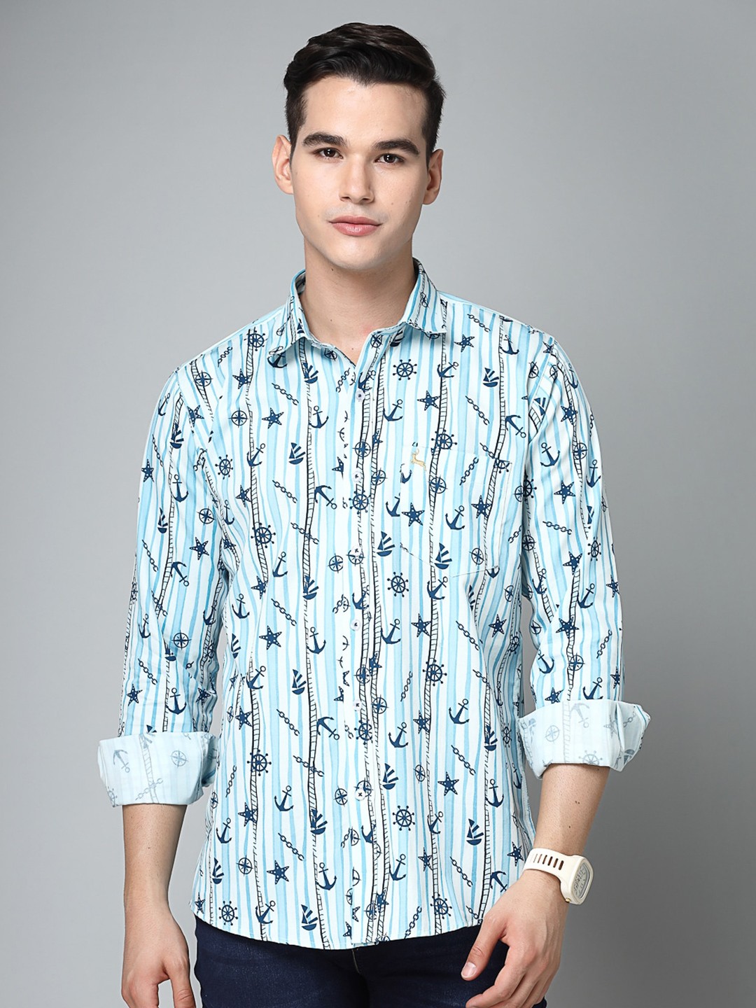 

VALBONE Men Printed Comfort Cotton Casual Shirt, Blue