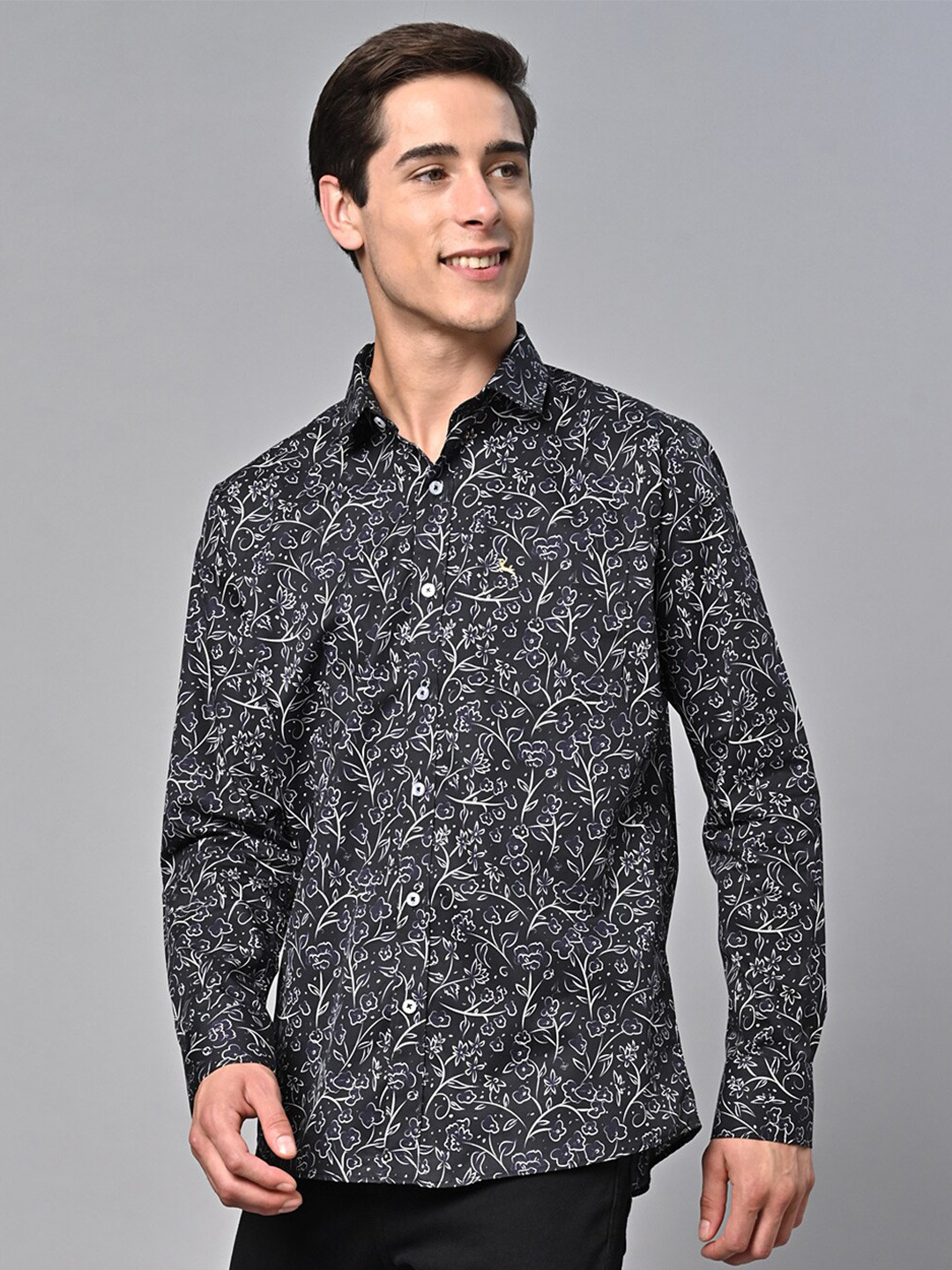 

VALBONE Comfort Floral Printed Semiformal Cotton Shirt, Black