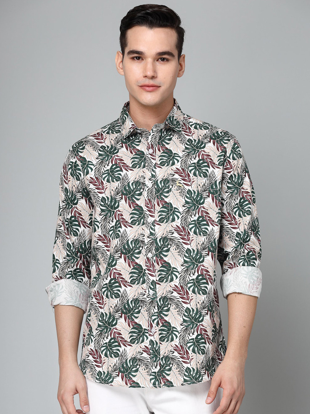 

VALBONE Comfort Tropical Printed Cotton Casual Shirt, Beige