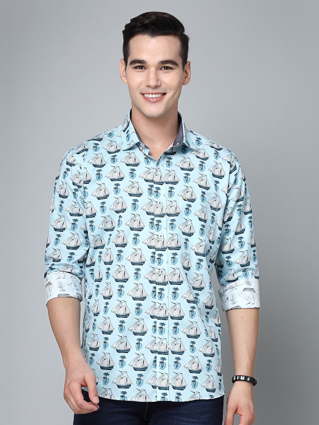 

VALBONE Conversational Printed Comfort Opaque Cotton Casual Shirt, Blue