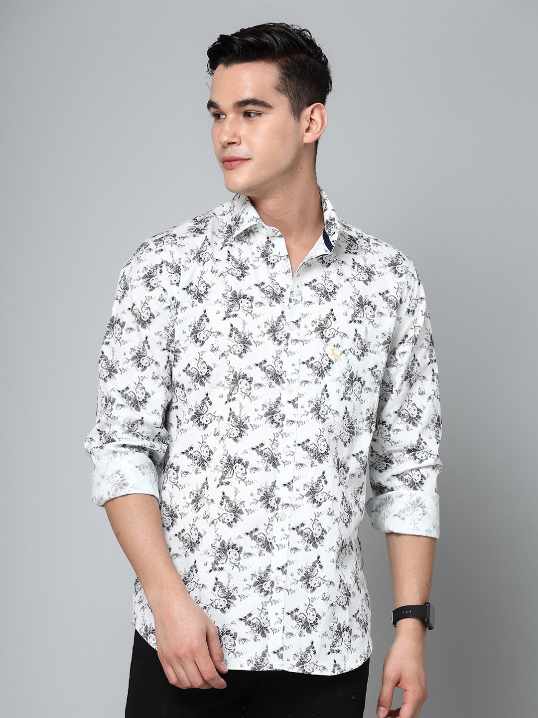 

VALBONE Comfort Floral Printed Cotton Casual Shirt, White