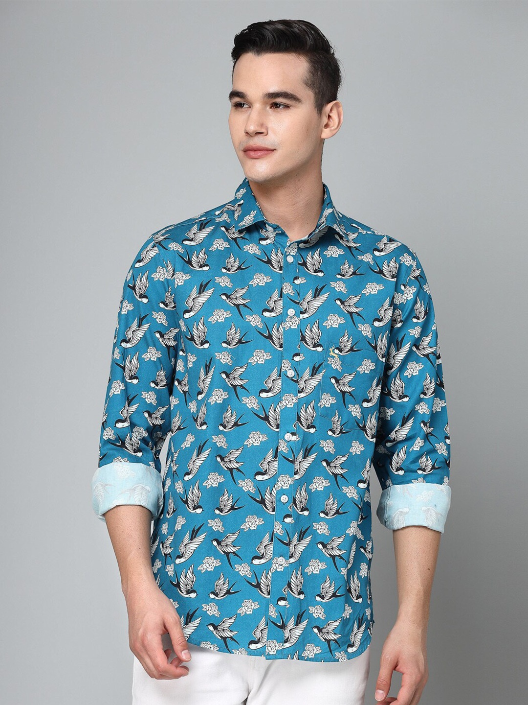 

VALBONE Comfort Floral Opaque Printed Cotton Casual Shirt, Blue