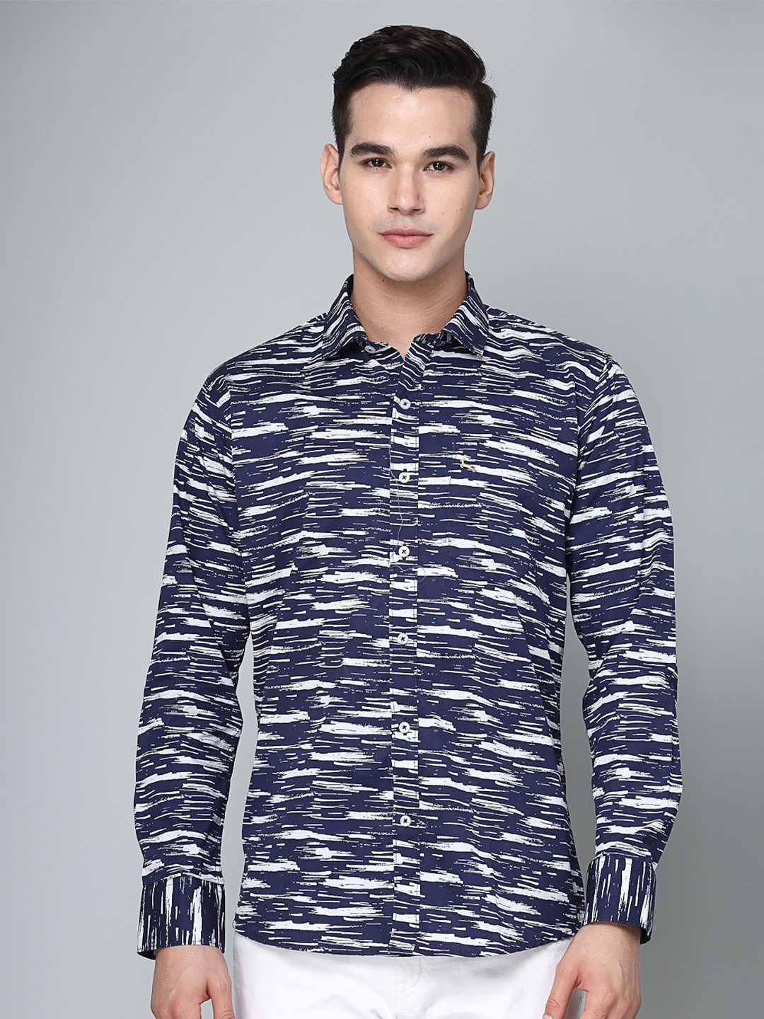 

VALBONE Spread Collar Long Sleeves Comfort Abstract Printed Casual Shirt, Blue