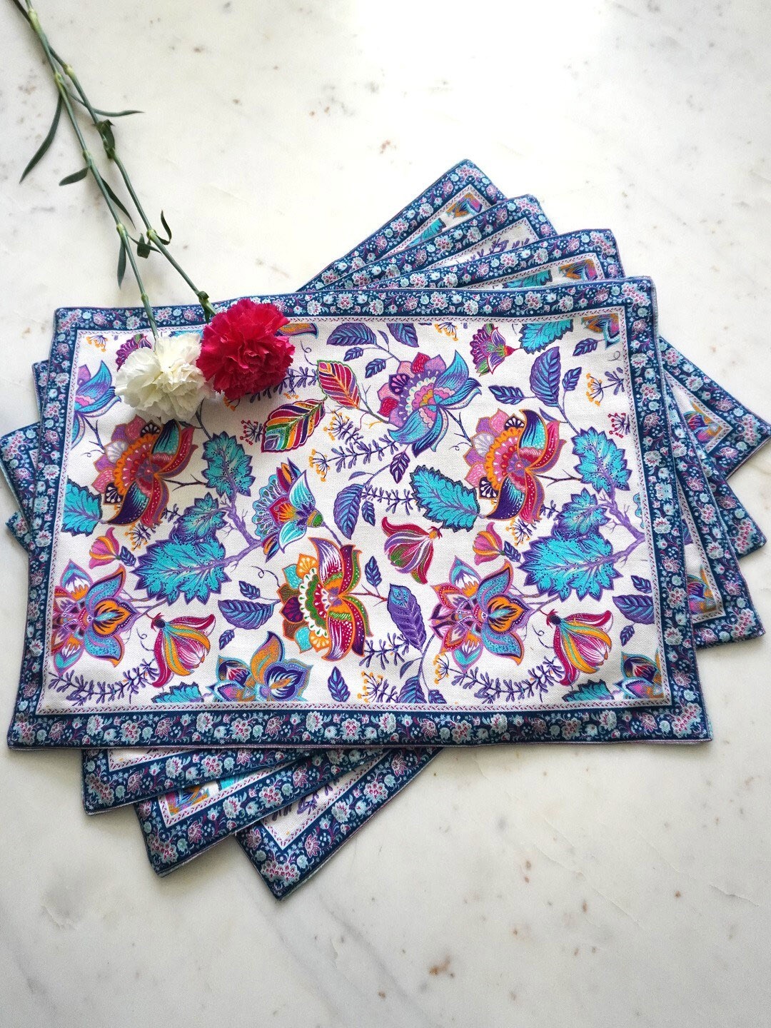 

TARA- Sparkling Homes Blue 4 Pieces Floral Printed Pure Cotton Table Placemats