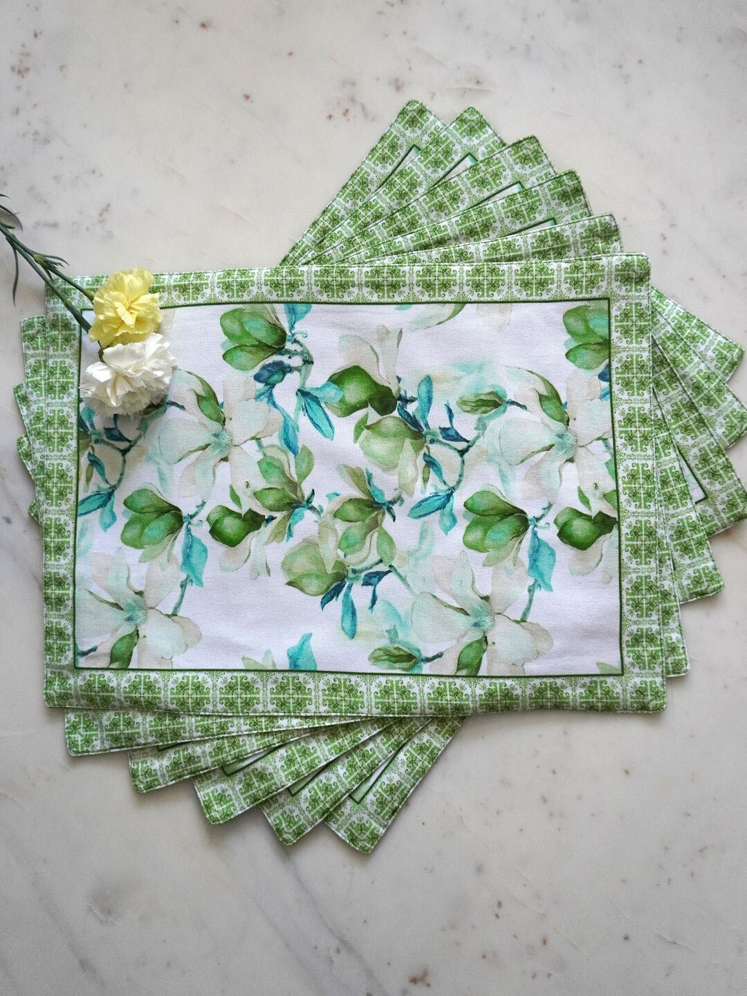 

TARA- Sparkling Homes 6 Pieces Green Floral Printed Pure Cotton Table Placemats