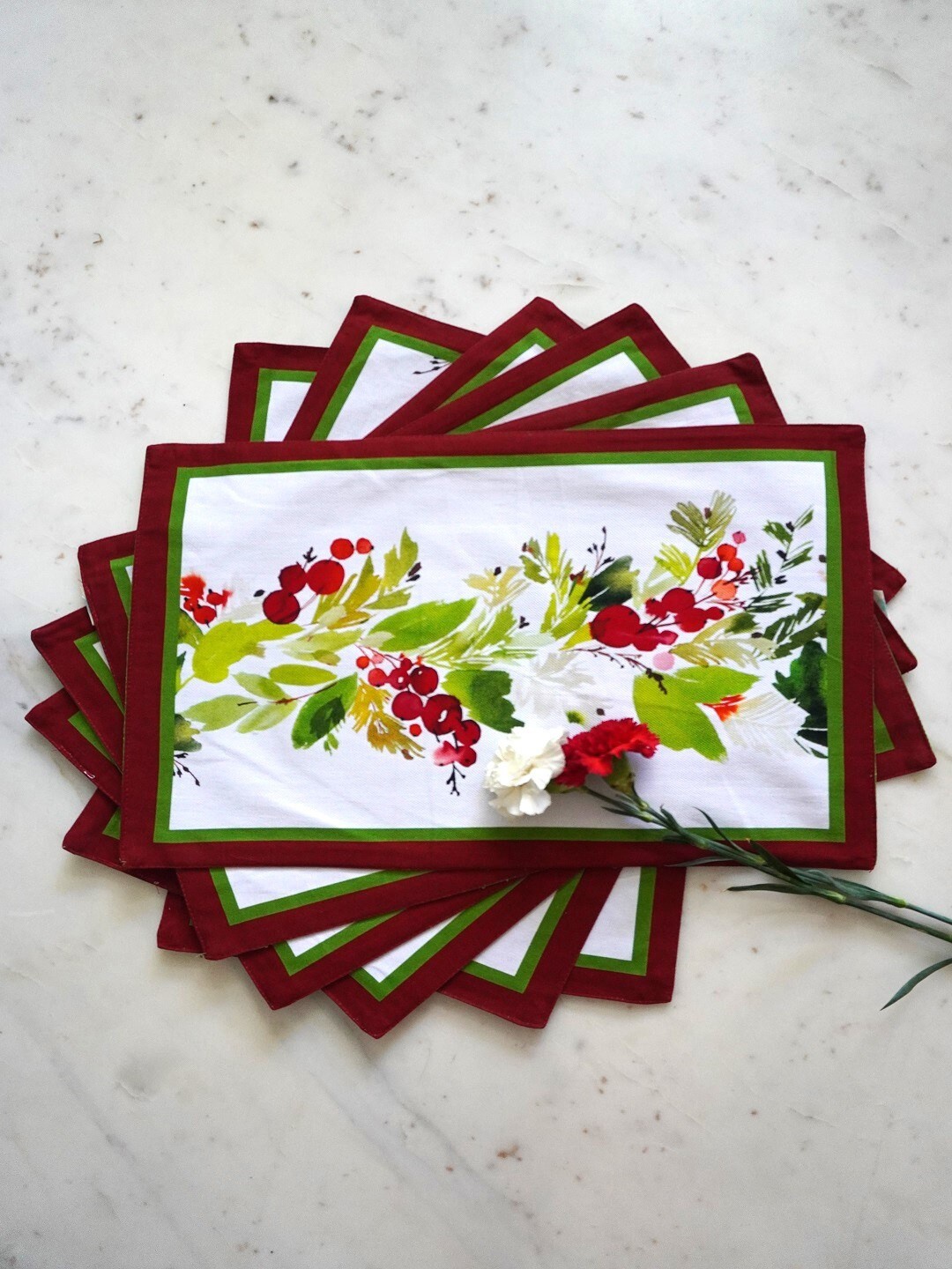 

TARA- Sparkling Homes 6 Pieces Red & Green Floral Printed Pure Cotton Table Placemats