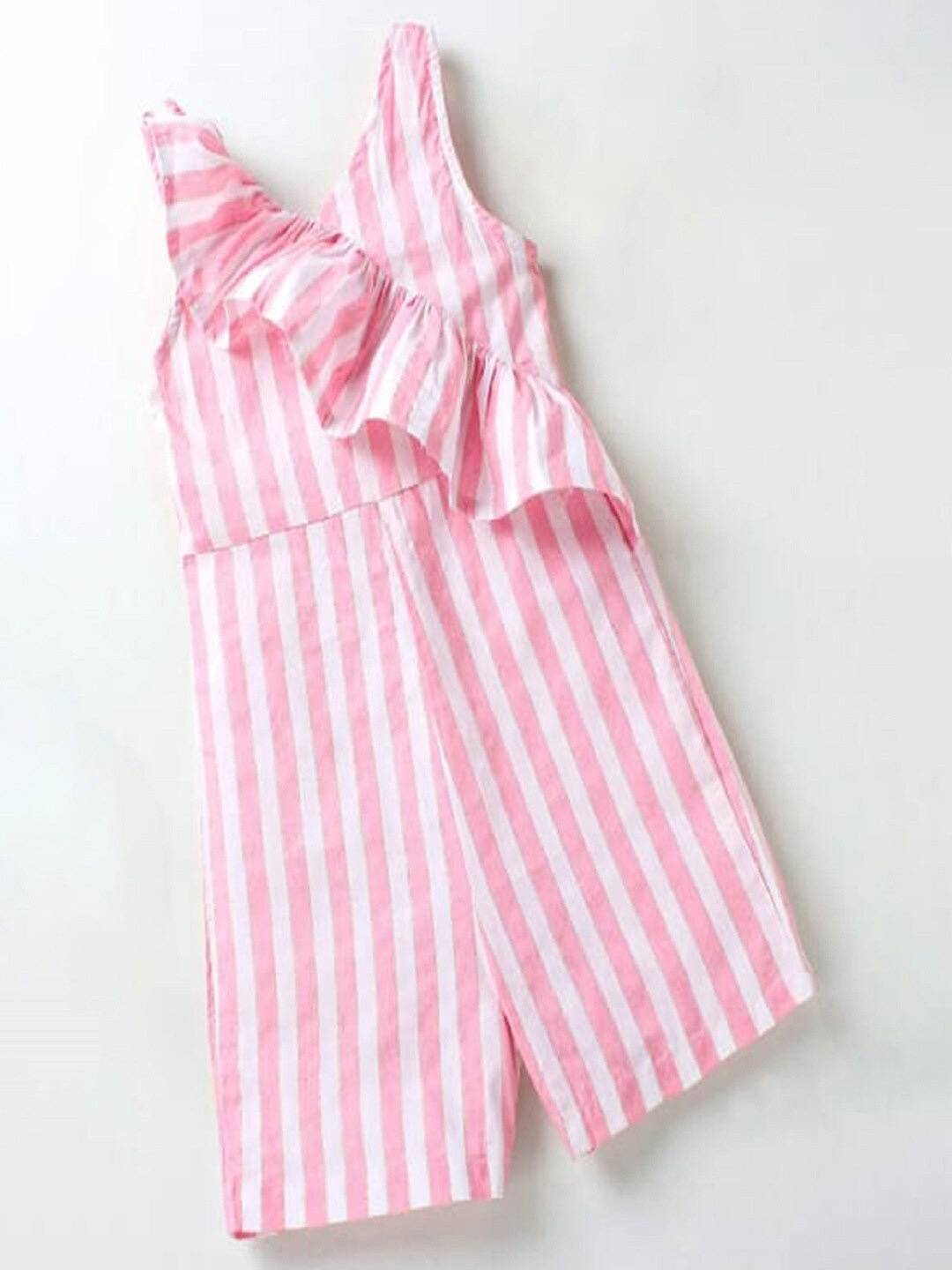 

M'andy Girls Striped Ruffled Cotton Jumpsuit, Pink