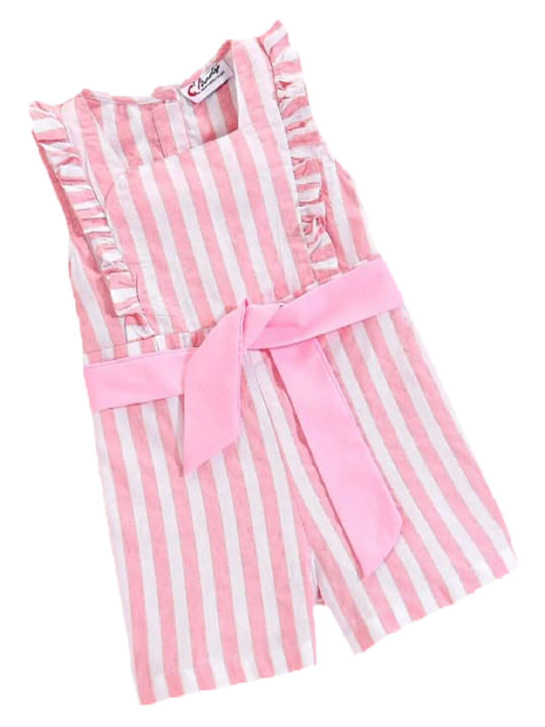 

M'andy Girls Striped Ruffled Cotton Jumpsuit, Pink