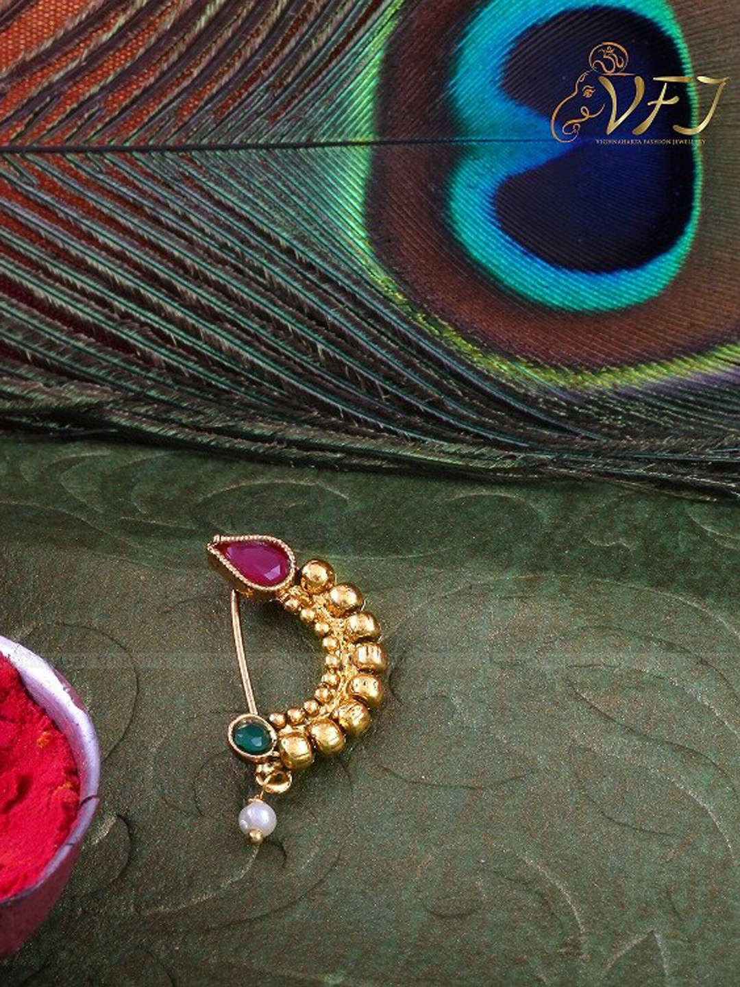 

Vighnaharta Gold-Plated Artificial Stone and Beads-Studded Nosepin