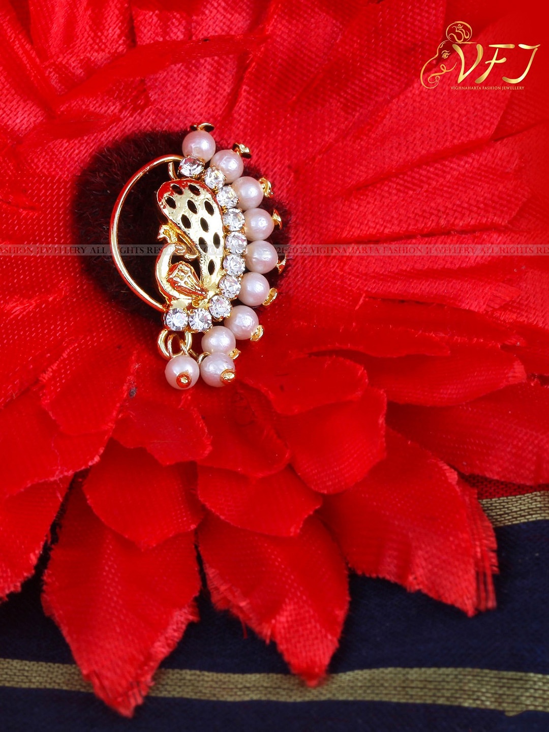 

Vighnaharta Gold-Plated AD-Stone-Studded and Pearls Beaded Nosepin