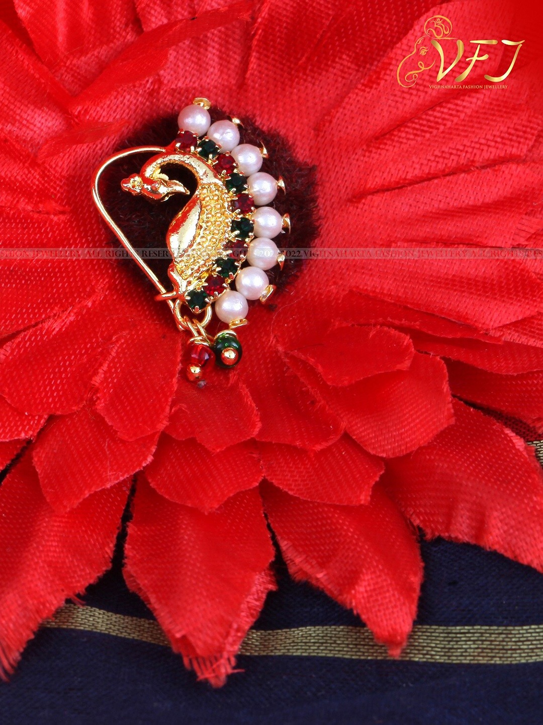 

Vighnaharta Gold-Plated AD-Stone-Studded & Pearls Beaded Nosepin