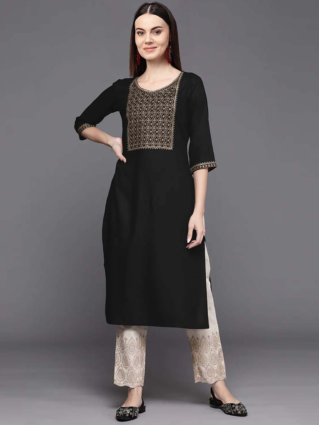 

GORGONE Ethnic Motifs Yoke Design Straight Kurta, Black