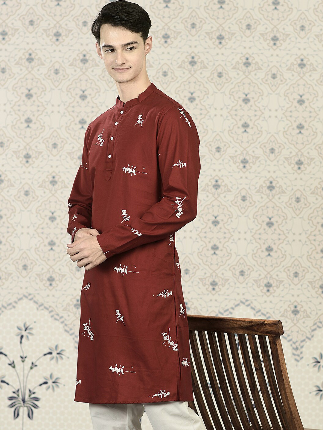 

Ode by House of Pataudi Red & White Ethnic Motifs Printed Pure Cotton Kurta With Churidar