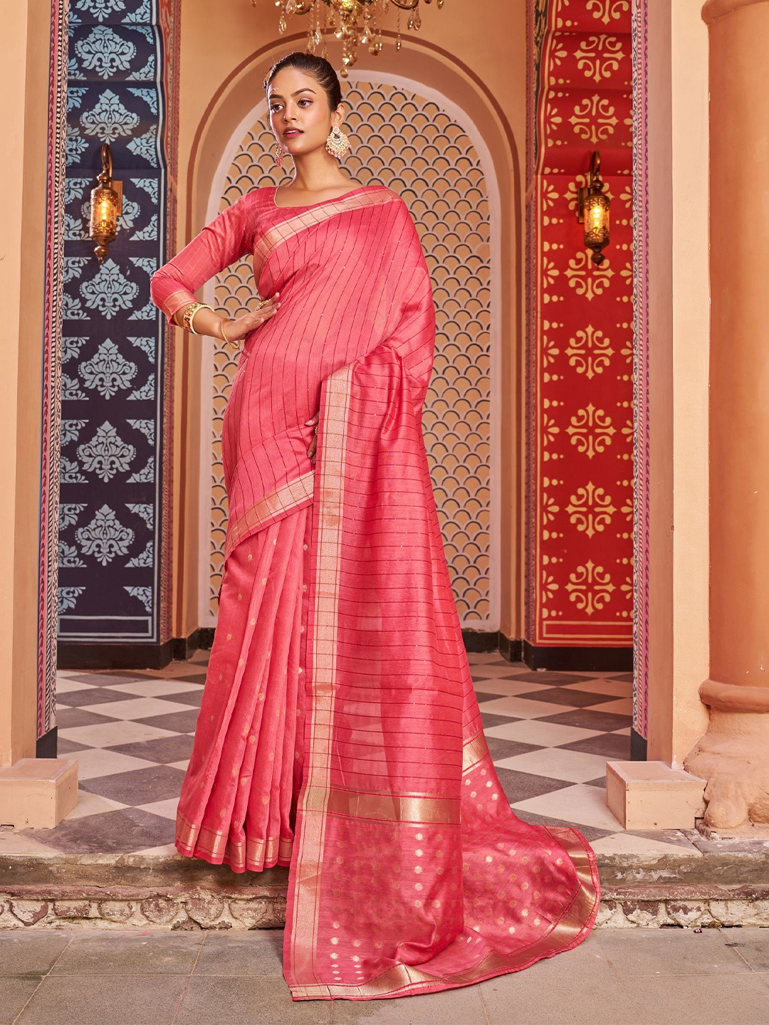 

MORLY Striped Woven Design Zari Silk Blend Kanjeevaram Saree, Red