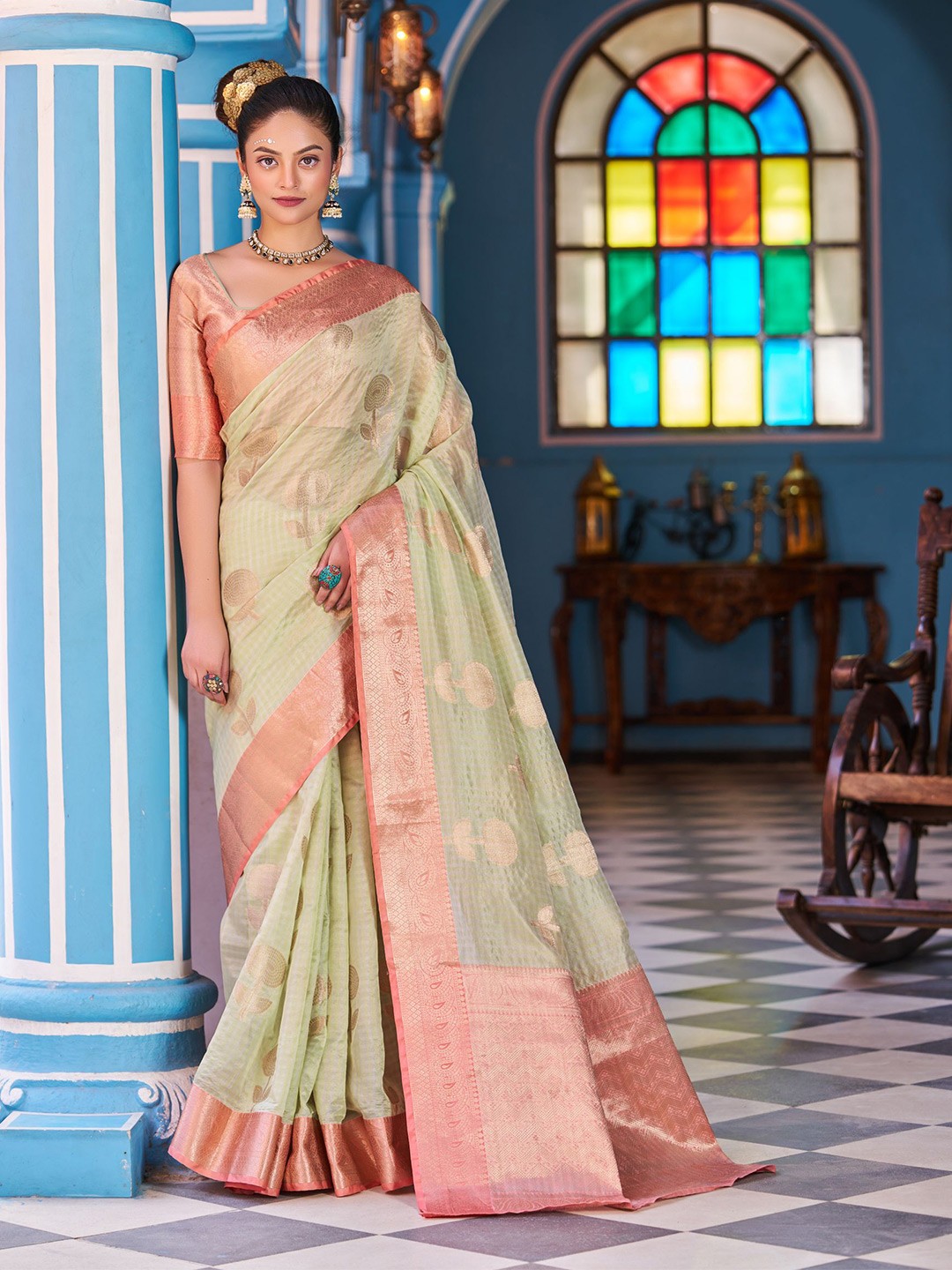 

MORLY Ethnic Motifs Woven Design Zari Kanjeevaram Saree, Sea green