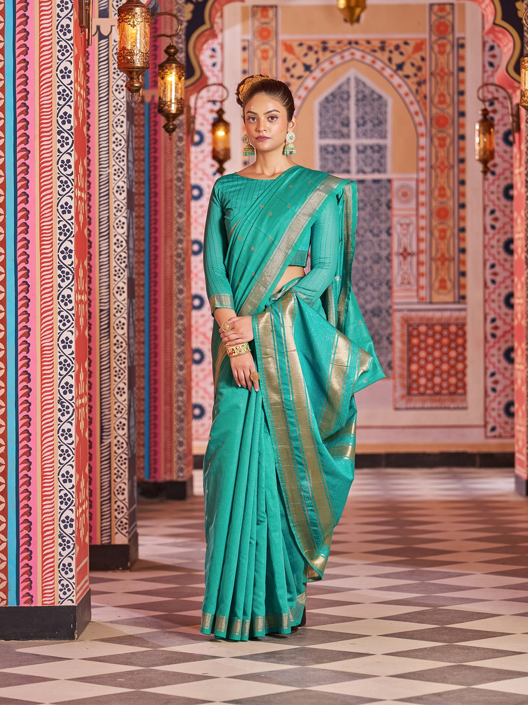 

MORLY Ethnic Motifs Woven Design Zari Kanjeevaram Saree, Turquoise blue