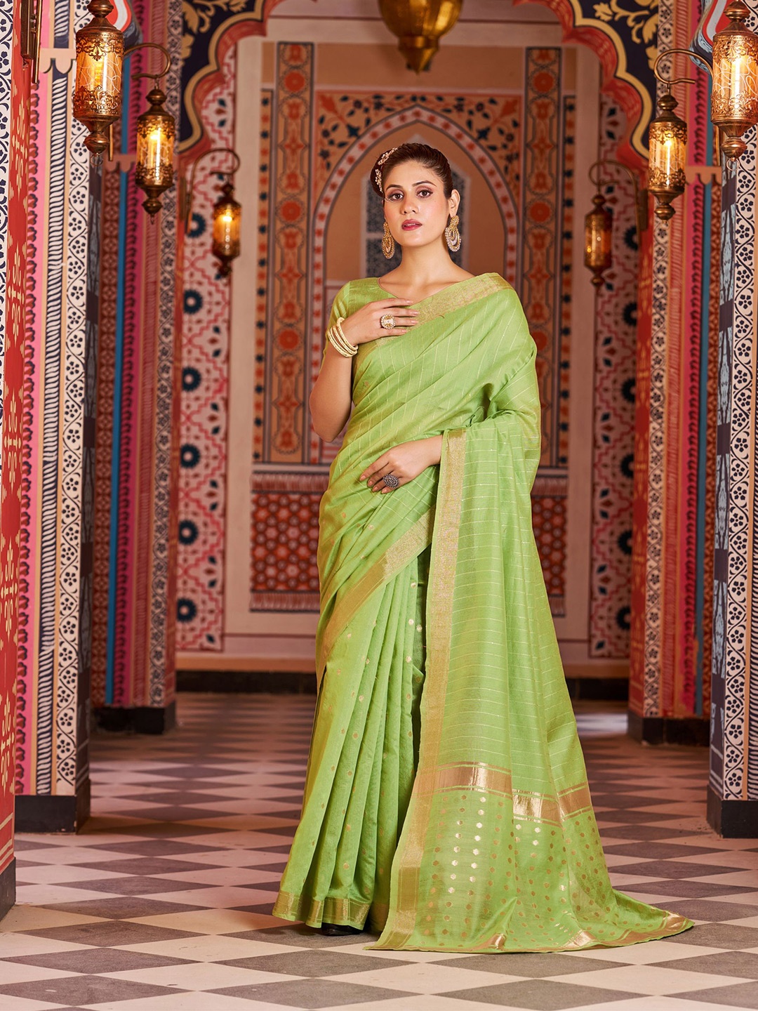 

MORLY Striped Embellished Zari Silk Blend Kanjeevaram Saree, Sea green