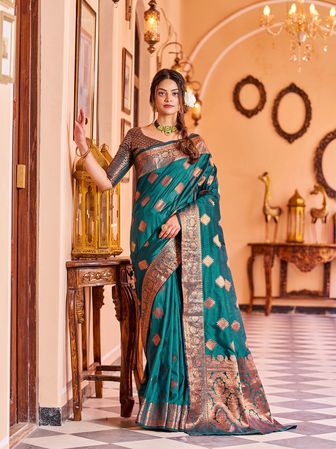 

MORLY Geometric Woven Design Zari Kanjeevaram Saree, Teal