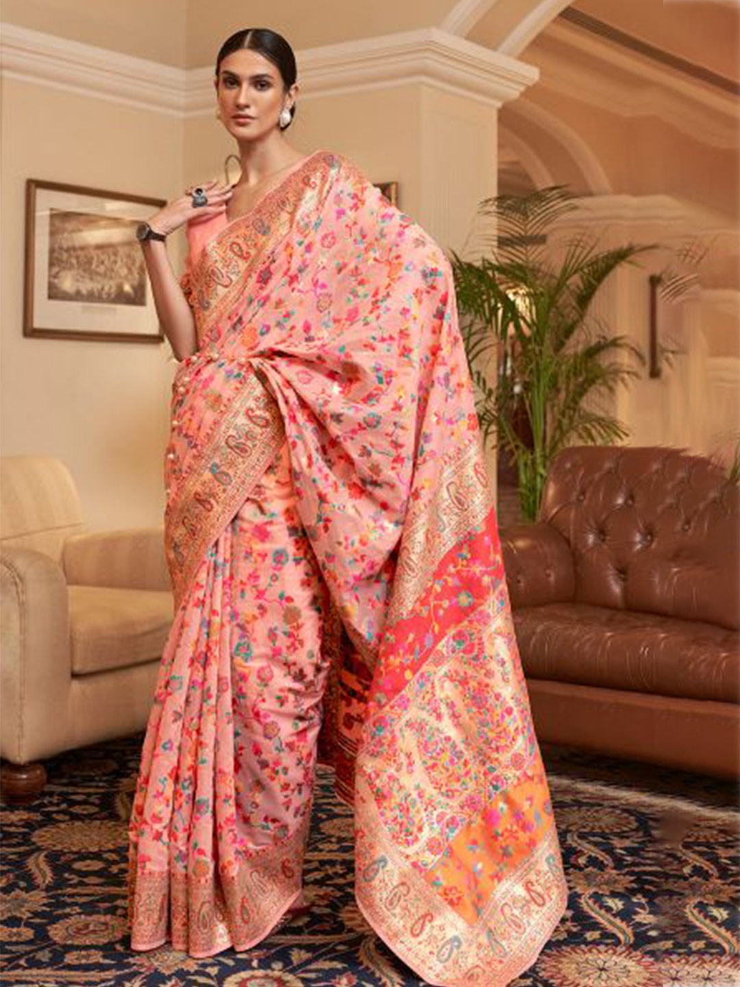 

MORLY Floral Woven Design Zari Kanjeevaram Saree, Peach
