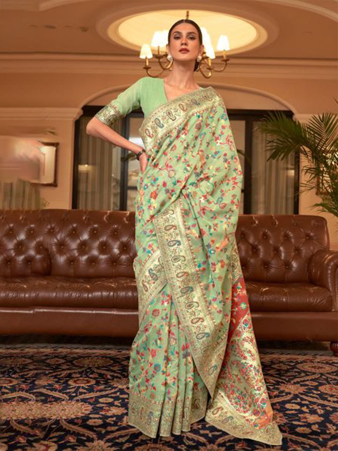 

MORLY Floral Woven Design Zari Kanjeevaram Saree, Sea green