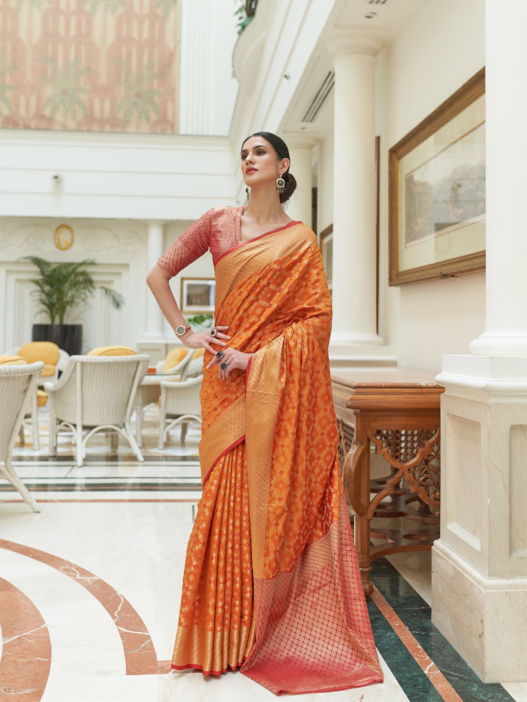 

MORLY Floral Woven Design Zari Kanjeevaram Saree, Orange