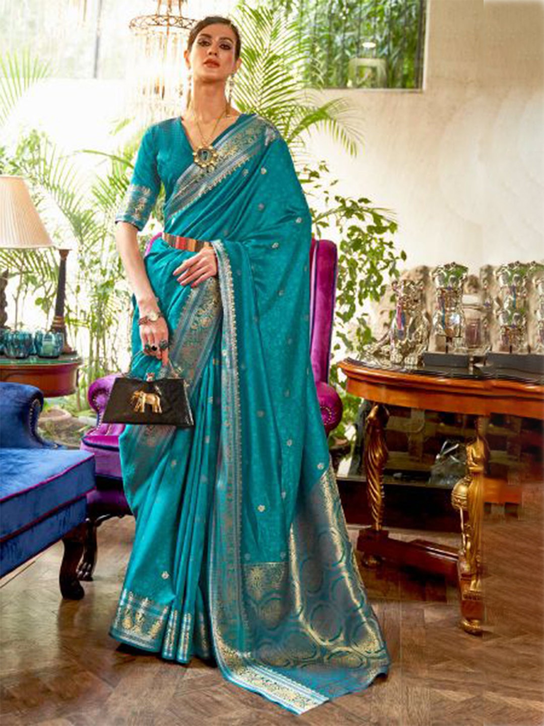 

MORLY Ethnic Motifs Woven Design Zari Kanjeevaram Saree, Turquoise blue