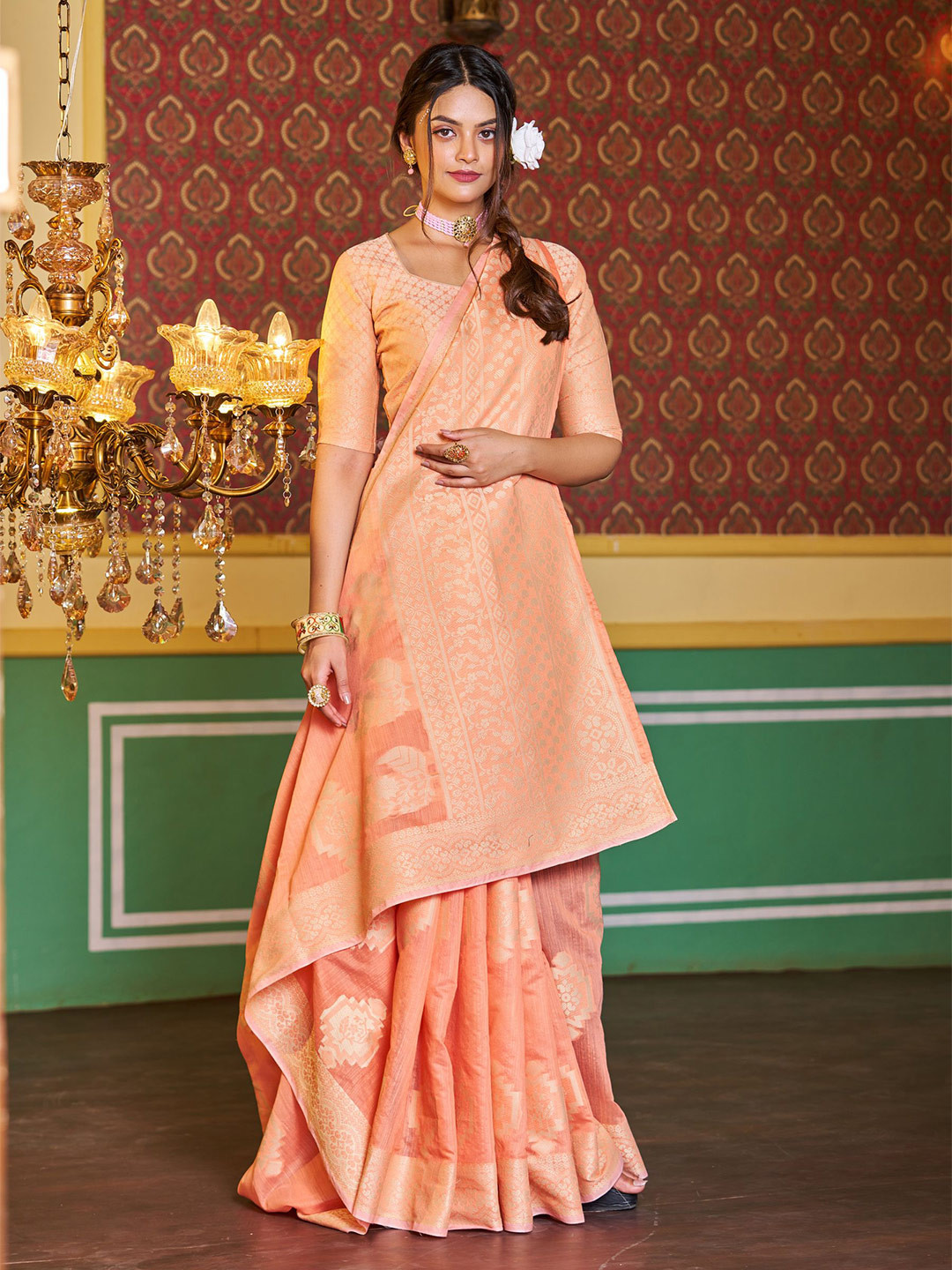 

MORLY Ethnic Motifs Woven Design Zari Kanjeevaram Saree, Orange
