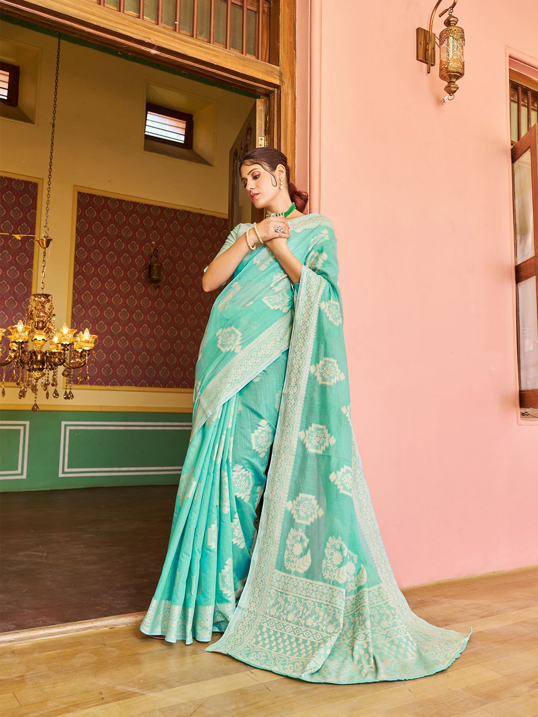 

MORLY Ethnic Motif Woven Design Zari Kanjeevaram Saree, Turquoise blue