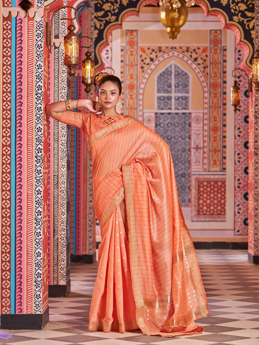 

MORLY Striped Woven Design Zari Kanjeevaram Saree, Orange